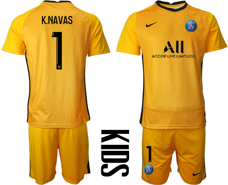 2021 Paris Saint-Germain yellow goalkeeper kids #1 soccer jerseys->youth soccer jersey->Youth Jersey